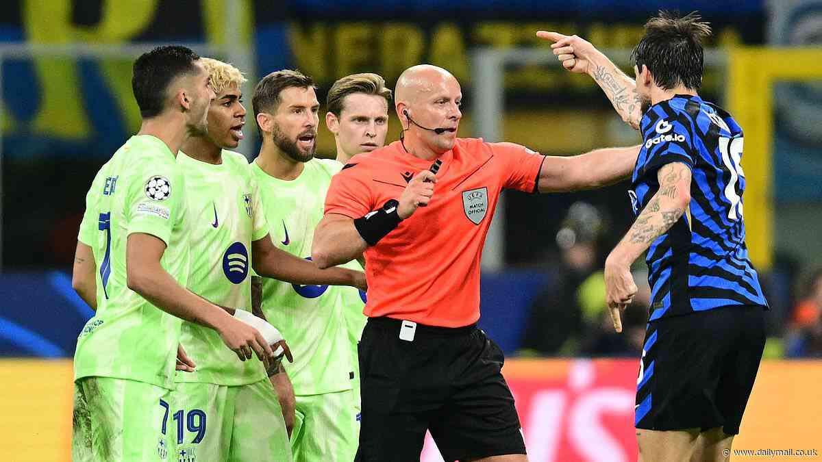 Shocking moment Barcelona's Inigo Martinez appears to SPIT on Inter Milan rival Francesco Acerbi during heated Champions League clash - and VAR cleared it