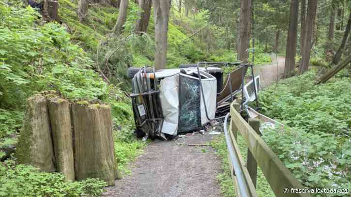 Pickup truck tumbles down Chilliwack embankment Tuesday evening