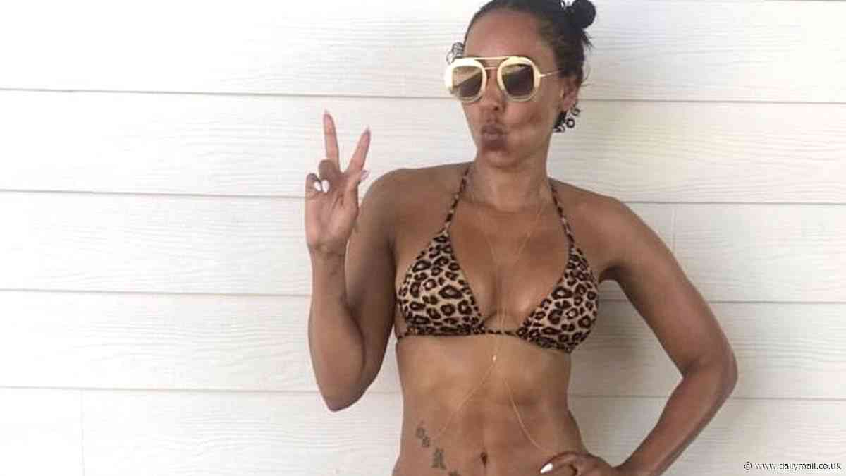Mel B, 49, shows off her ageless physique in a signature leopard print bikini as she shares then and now snaps amid claims of Spice Girls reunion tour
