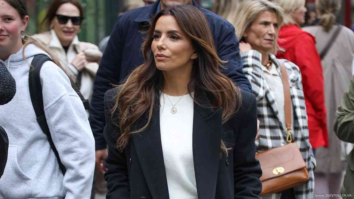 Eva Longoria cuts an effortlessly stylish figure as she steps out in Paris to film Loreal advert days after attending David Beckham's 50th