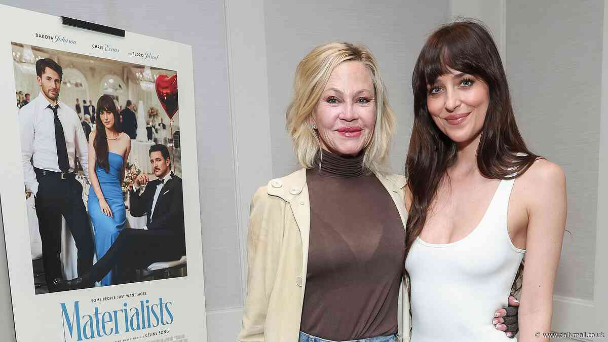 Dakota Johnson looks incredible in figure-hugging white dress as she is joined by mother Melanie Griffith at screening of new film Materialists