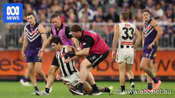 Live: Pies star collapses while running off ground with trainers after sickening clash