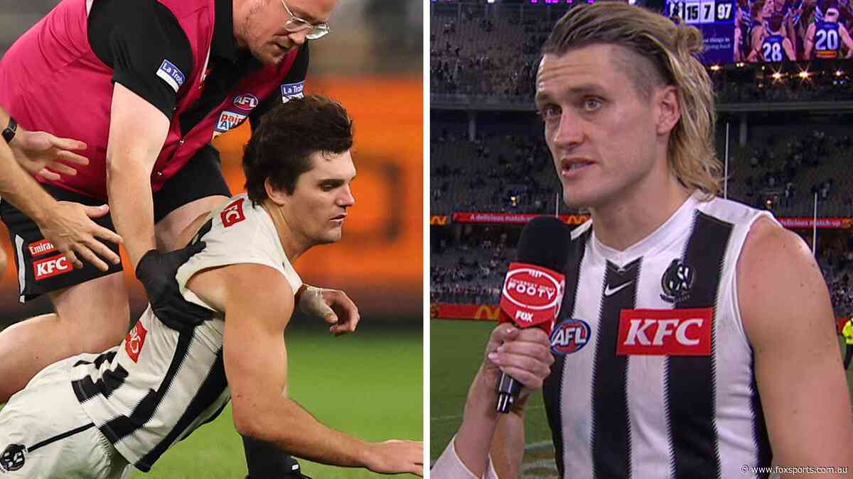 ‘Didn’t feel right’: Pies skipper left shaken as play continues while star ‘severely’ hurt in scary scene