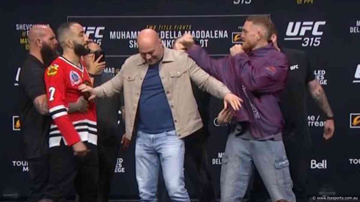 ‘I don’t think that’s his son’: Dana holds back Aussie UFC star after brutal press conference sledge