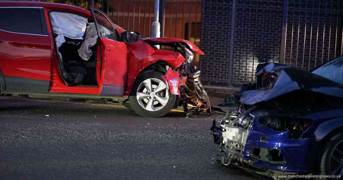 Driver flees police after crash leaves two cars wrecked on Greater Manchester street