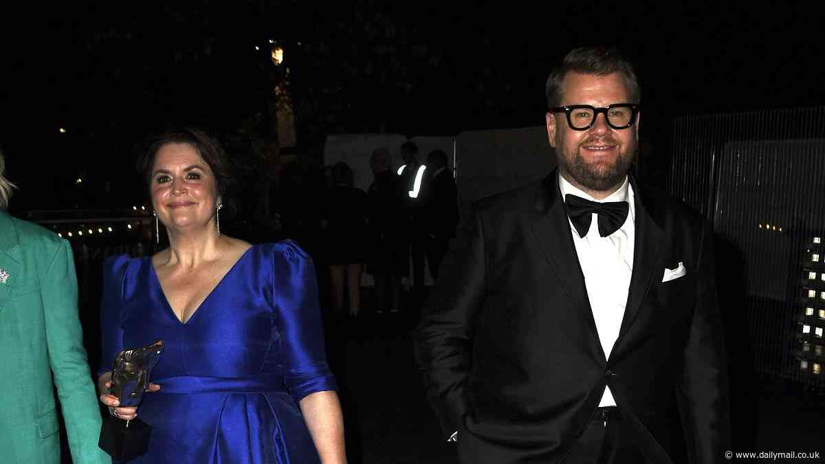 James Corden carries pal Ruth Jones' shoes while Claudia Winkleman kicks off her heels as they lead the stars leaving the BAFTA TV Awards