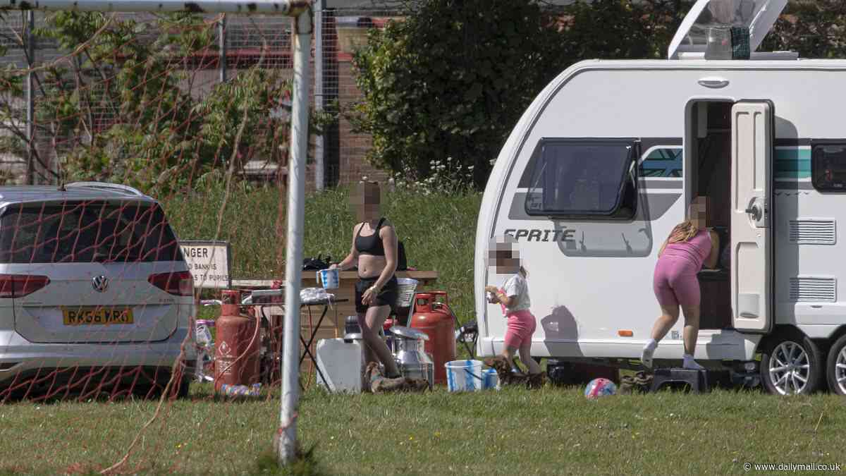Travellers invade school playing fields forcing furious head teacher to relocate lessons and admit it will be difficult to evict them