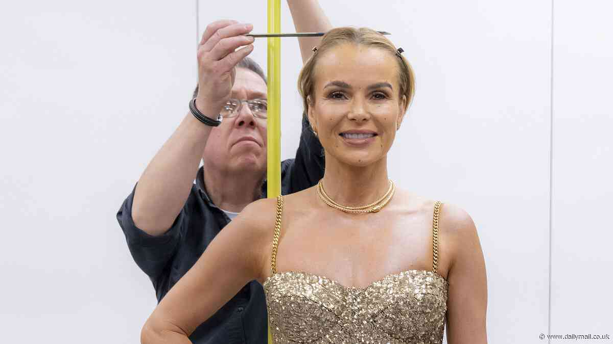 Amanda Holden begins her waxwork journey at Madame Tussauds in Blackpool as she poses in a glamorous gold sequin jumpsuit for artists