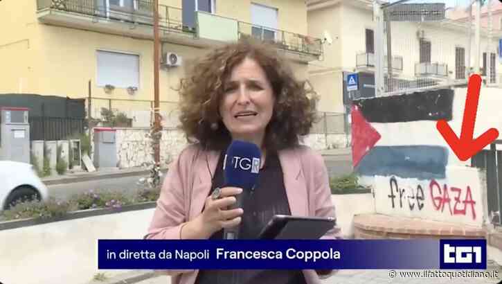 “Free Gaza” e la bandiera della Palestina dipinti su un muretto: la telecamera del Tg1 si sposta subito altrove