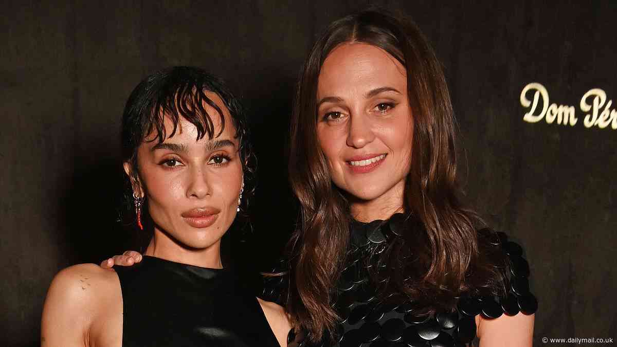 Alicia Vikander puts on a leggy display in a black disc-embellished mini dress as she joins glamorous Zoë Kravitz at star-studded Moët Hennessy party in London