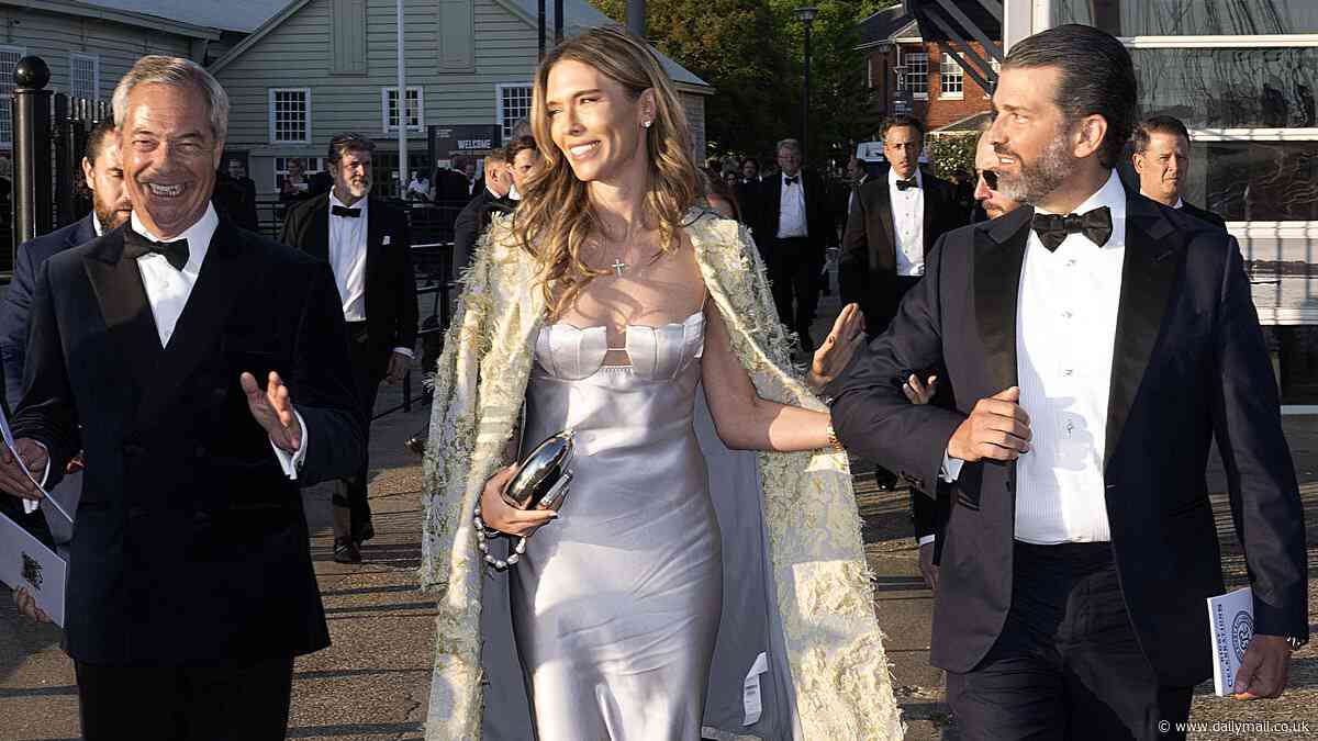 Donald Trump Junior steps out with his glam girlfriend Bettina Anderson, 38, for black-tie event in Portsmouth - as America's First Son rubs shoulders with a beaming Nigel Farage