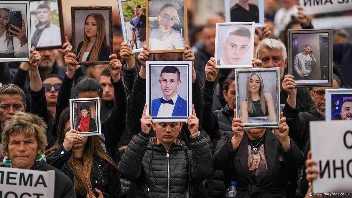 Heartbroken families of the 62 victims burnt to death in horror inferno at North Macedonia nightclub demand justice - as 5,000 take to the streets with photos of loved ones lost in blaze