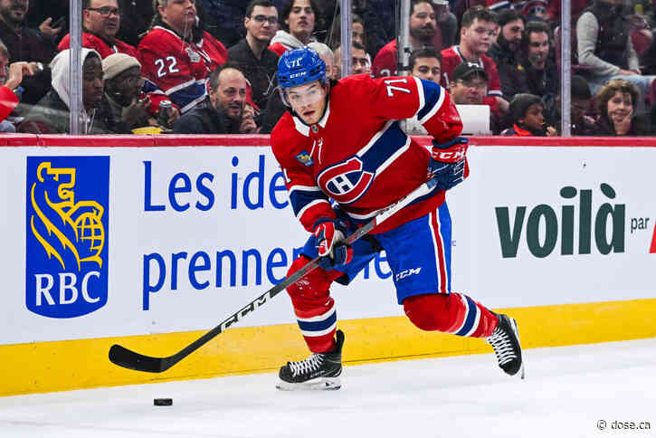 Jake Evans blocks Owen Beck and Oliver Kapanen in Montreal