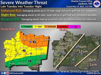 Level-3 Storm Risk for Tuesday Expanded South