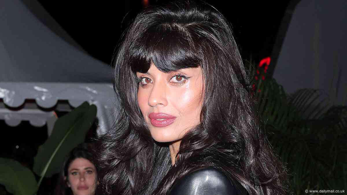 Jameela Jamil turns heads in skintight leather blazer mini-dress as she joins Romee Strijd, Ellie Bamber and Toni Garrn at the Cannes Ray-Ban X A$AP Rocky after party