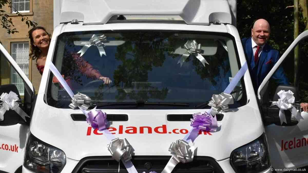 Here comes the brrrrr-ide! Iceland frozen food worker is delivered to church in one of their vans - after meeting her husband in its aisles