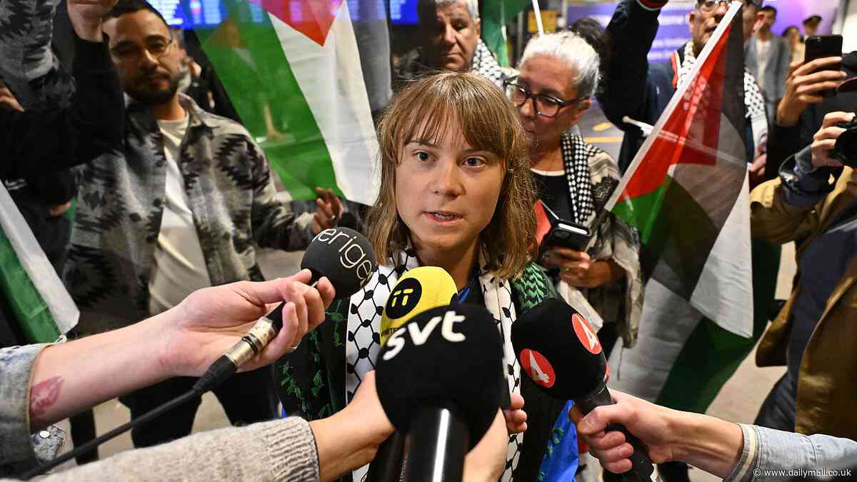 Greta Thunberg's angry reaction when she is asked about some of 'freedom flotilla' group's support for Hamas and Hezbollah as she lands in Sweden