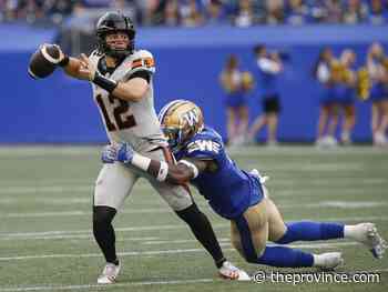B.C. Lions 20, Blue Bombers 34: Nathan Rourke suffers apparent injury in road loss