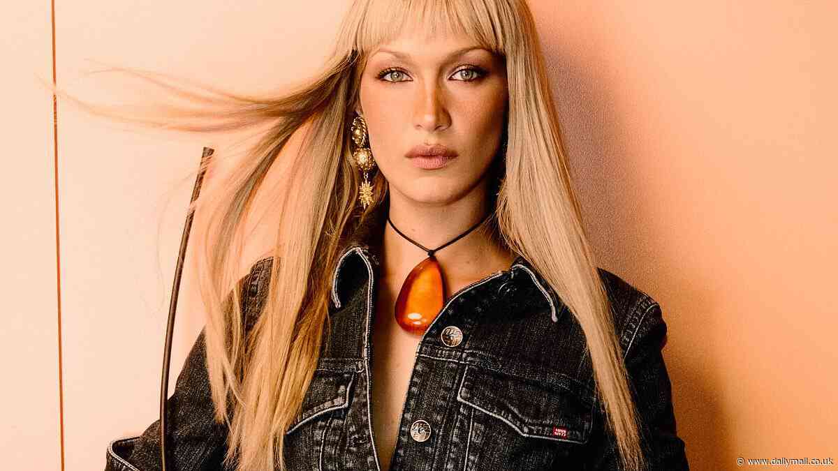 Bella Hadid exposes her sideboob in a racy denim co-ord as she debuts a dramatic blonde fringe for new Miss Sixty campaign