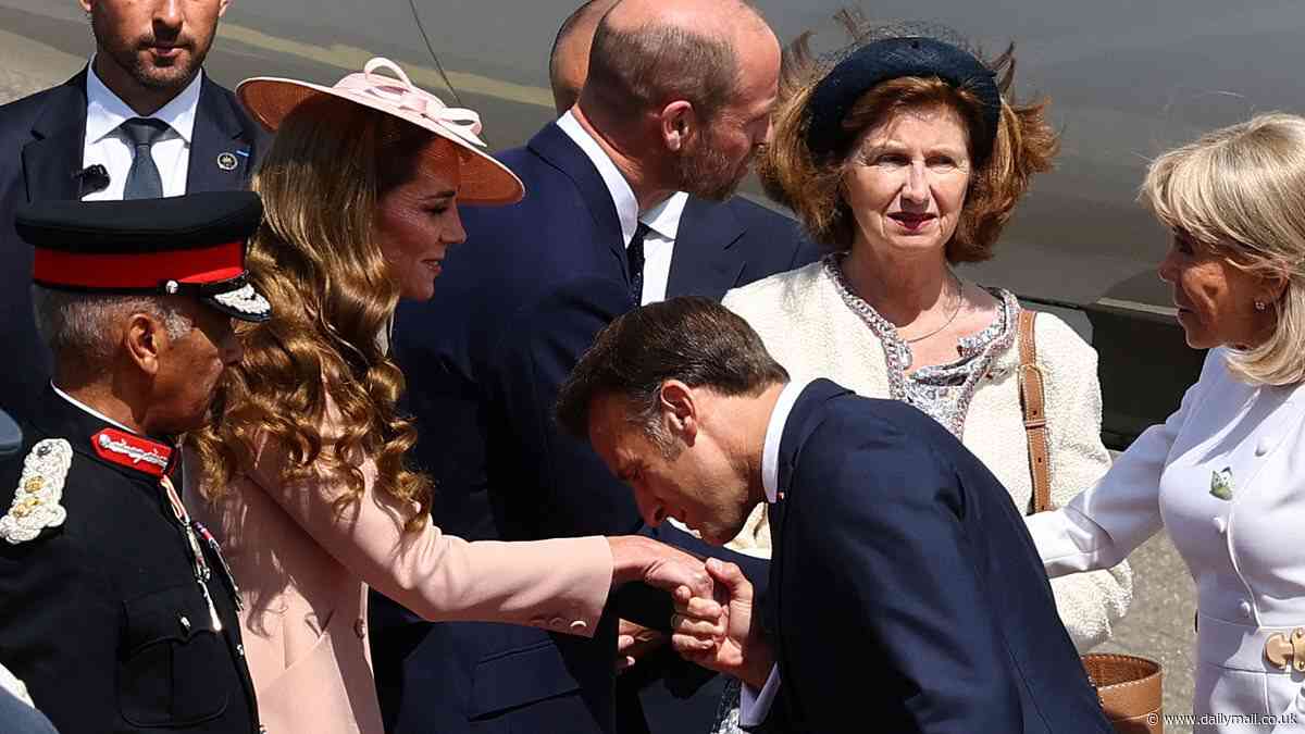 Awkward moment Emmanuel Macron air kisses the Princess of Wales' hand after being snubbed by wife Brigitte
