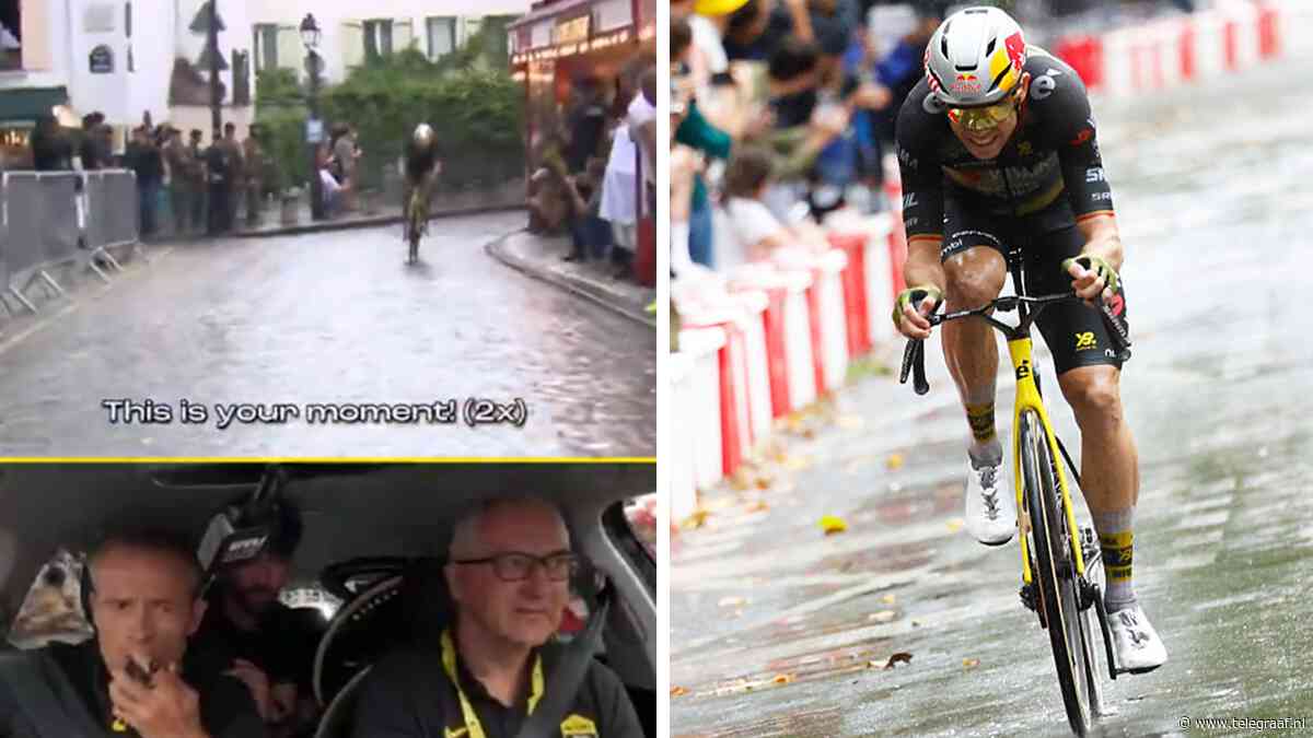 VIDEO Zo beleefde de Visma-ploegauto de glorietocht van Wout van Aert in de Tour: ’Dit is jouw moment’